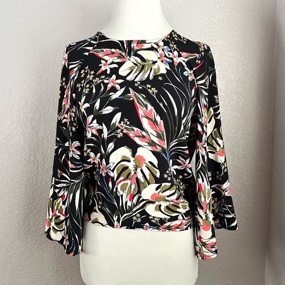Code x Mode Multicolor Black Red White Floral 3/4 sleeves Tie Blouse Casual Tops - Picture 1 of 5
